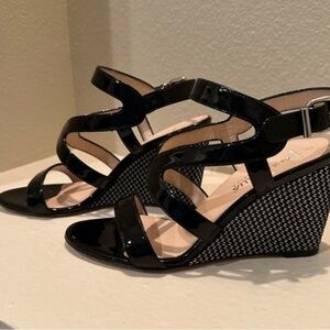 Aquatalia Black Patent Leather Wedge Strap Sandals